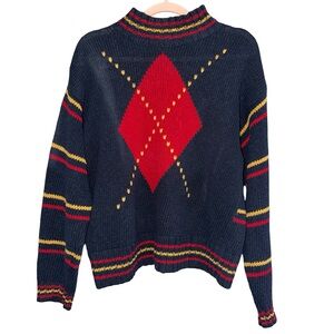 LizWear Navy‎ and Red Argyle Women's Sweater small